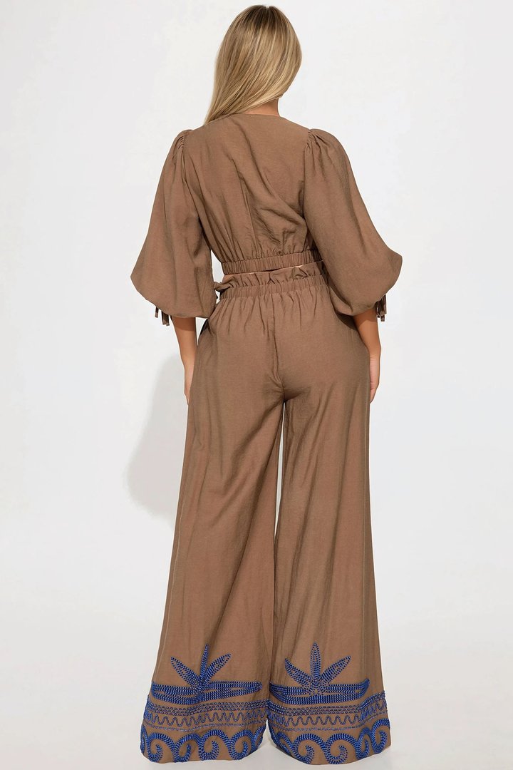 Cecilia Embroidered Linen Pant Set - Mocha