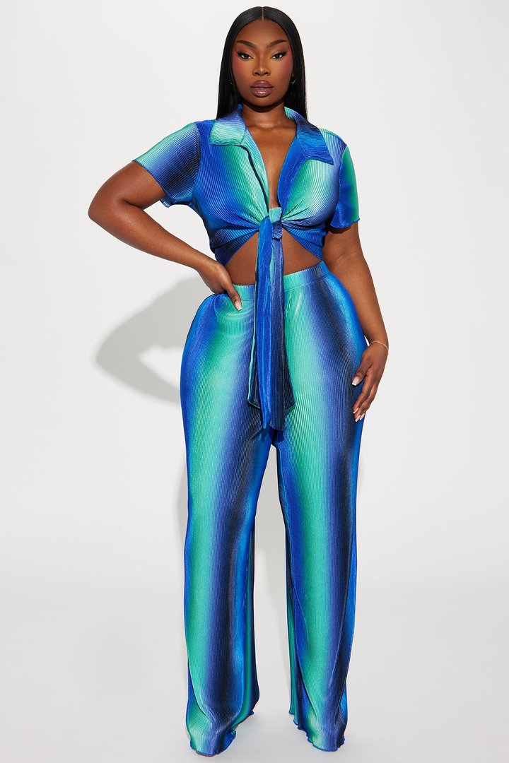 One Flight Away Plisse Pant Set - Blue/combo