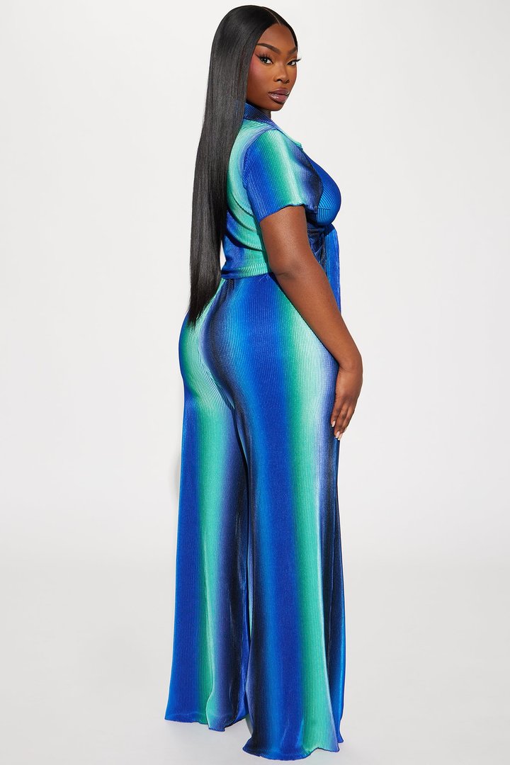 One Flight Away Plisse Pant Set - Blue/combo