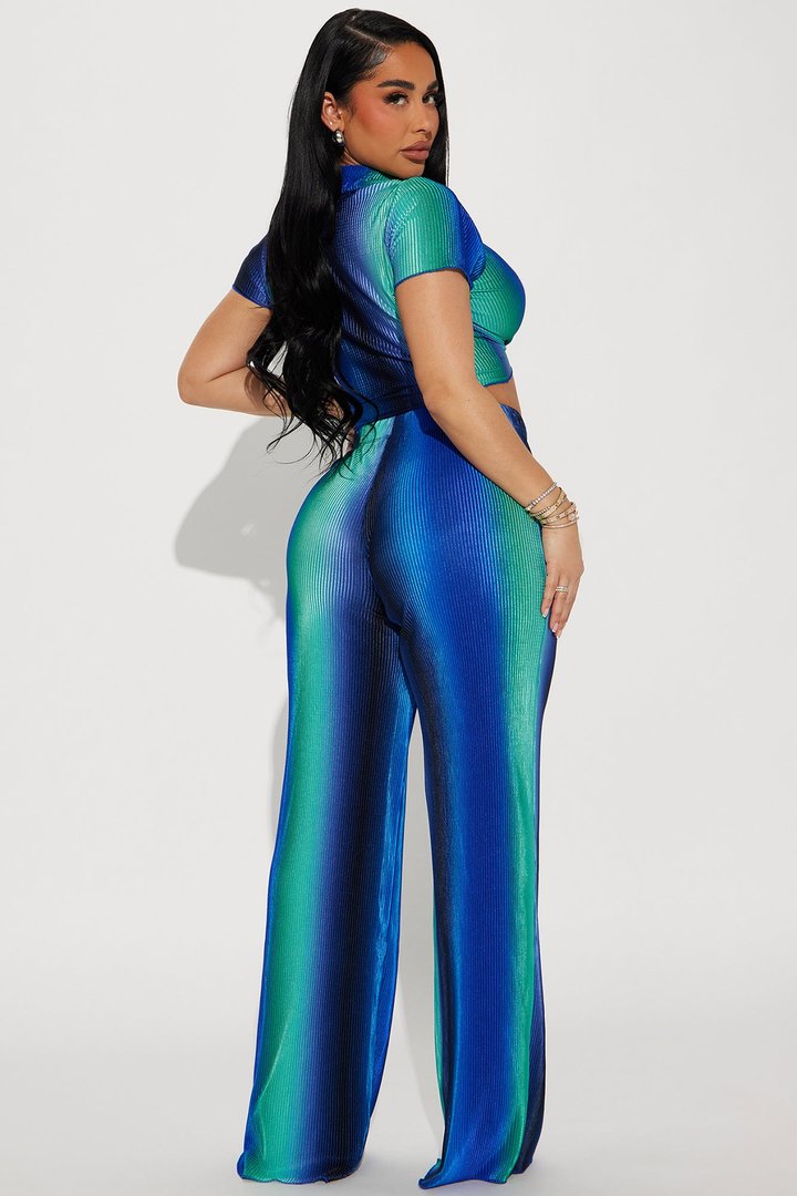 One Flight Away Plisse Pant Set - Blue/combo