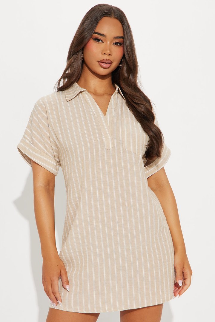 Quick Getaway Pinstripe Mini Dress - Taupe