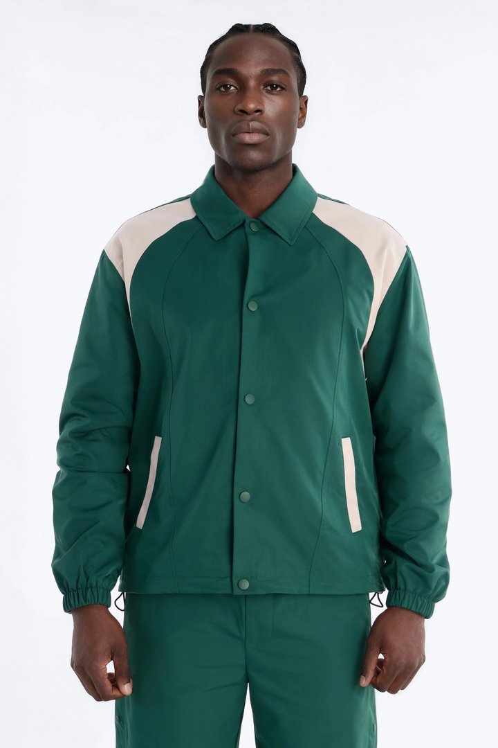 Relaxed Button Detailed Contrast Panel Coach Jacket - Green