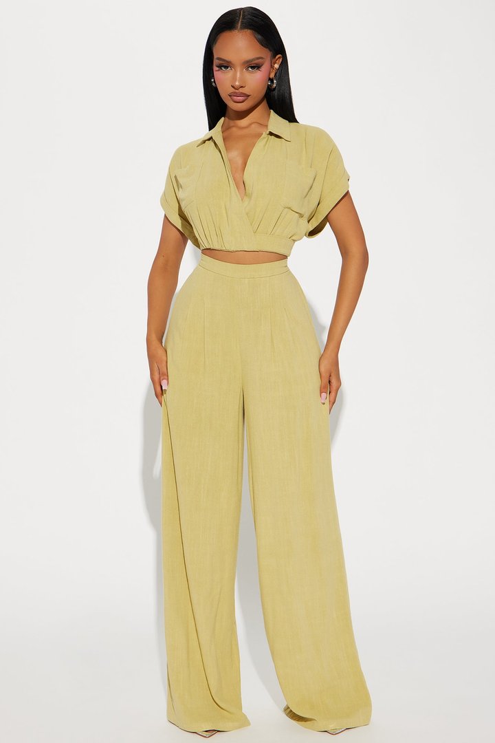 Andrea Linen Pant Set - Chartreuse