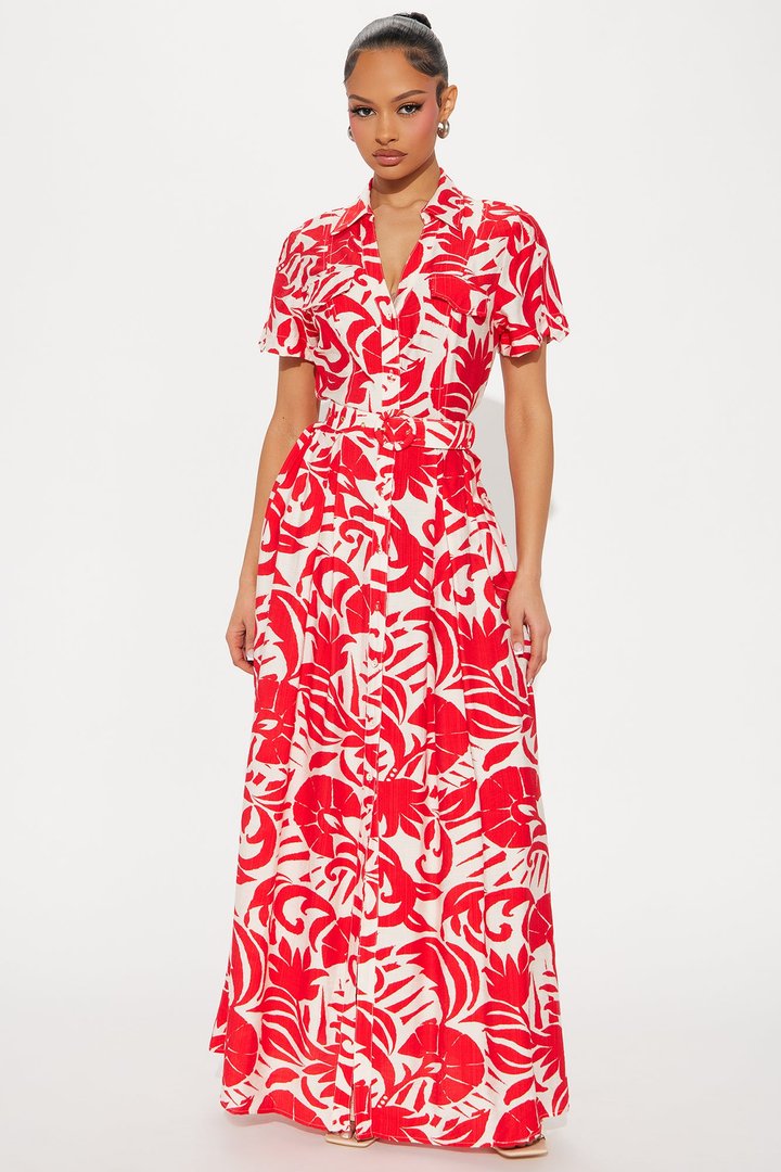 Out Of Office Printed Maxi Shirt Dress - Red/combo