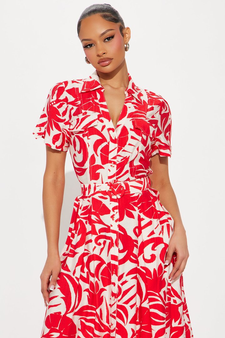 Out Of Office Printed Maxi Shirt Dress - Red/combo