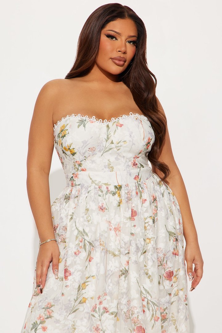 Ophelia Strapless Floral Midi Dress - Taupe/combo