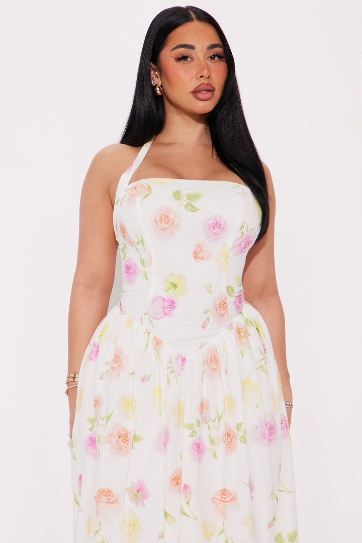 Adelia Floral Halter Midi Dress - White/combo