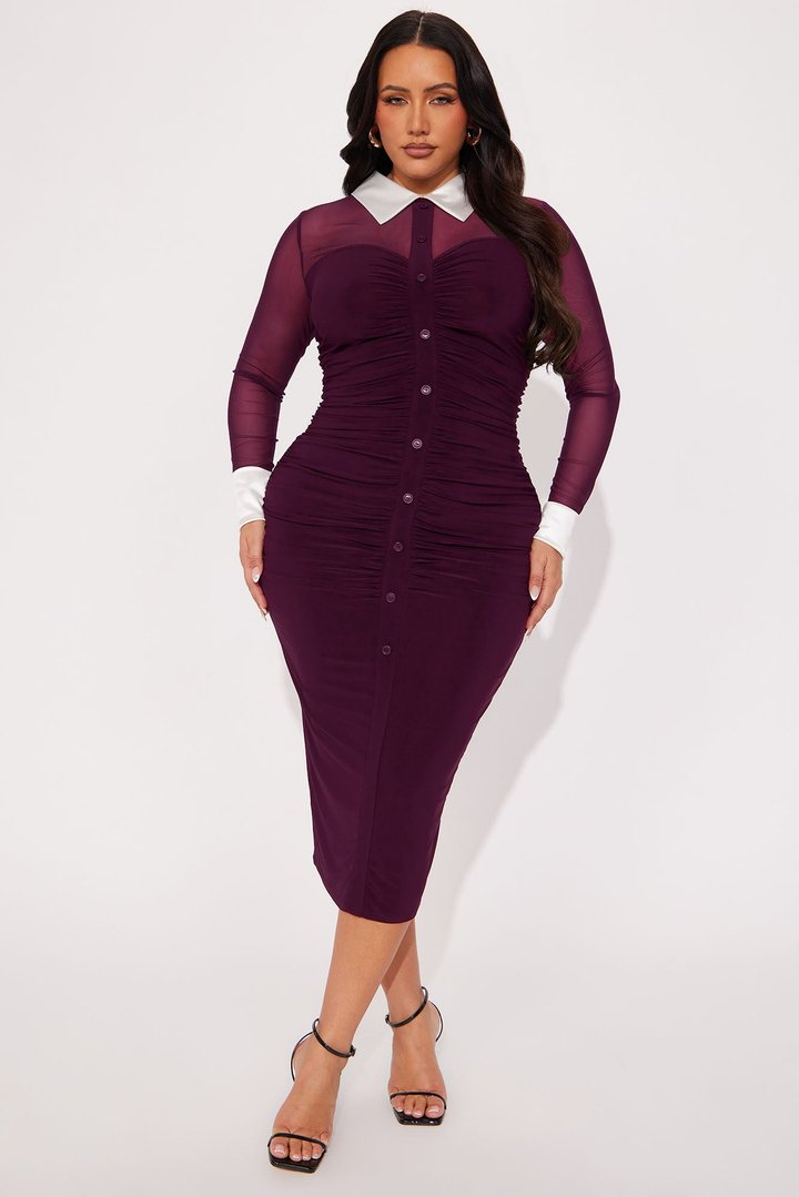 She Means Business Mesh Shirt Midi Dress - Eggplant