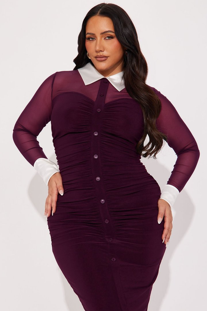 She Means Business Mesh Shirt Midi Dress - Eggplant