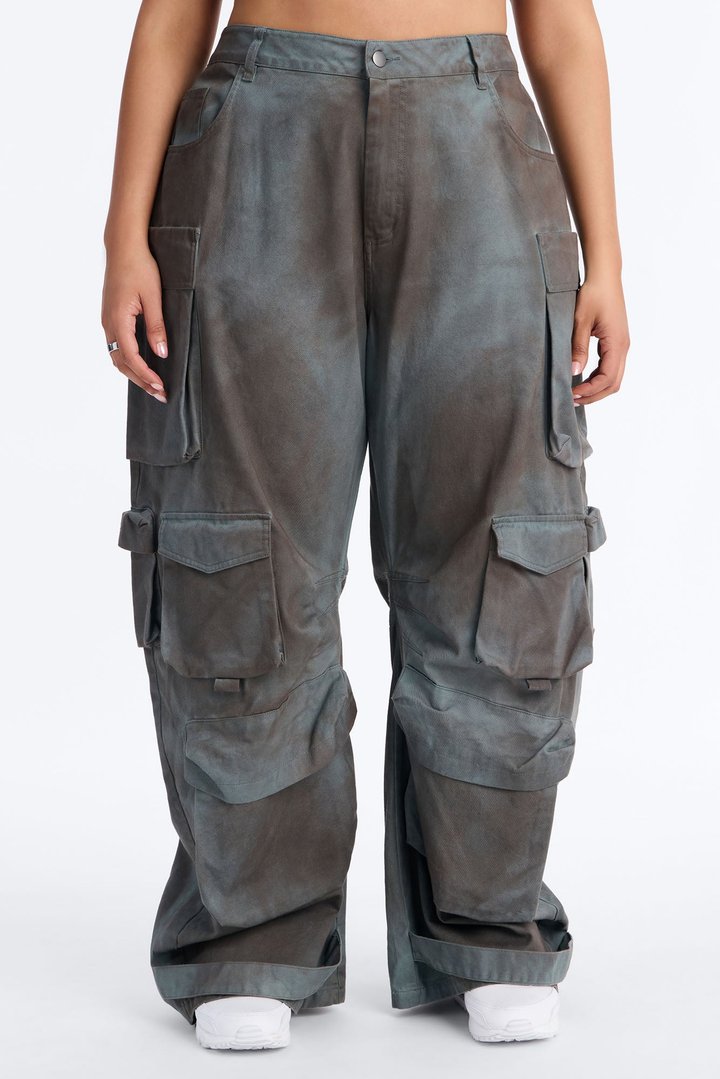 Abigail Low Rise Barrel Leg Cargo Pant - Grey/combo
