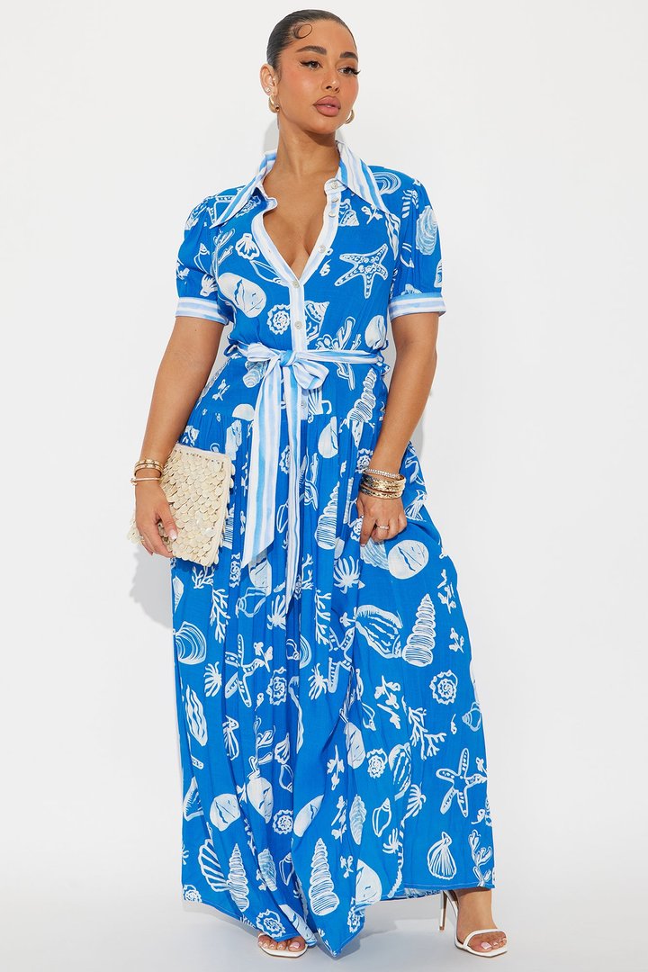 June Printed Maxi Shirt Dress - Royal/combo