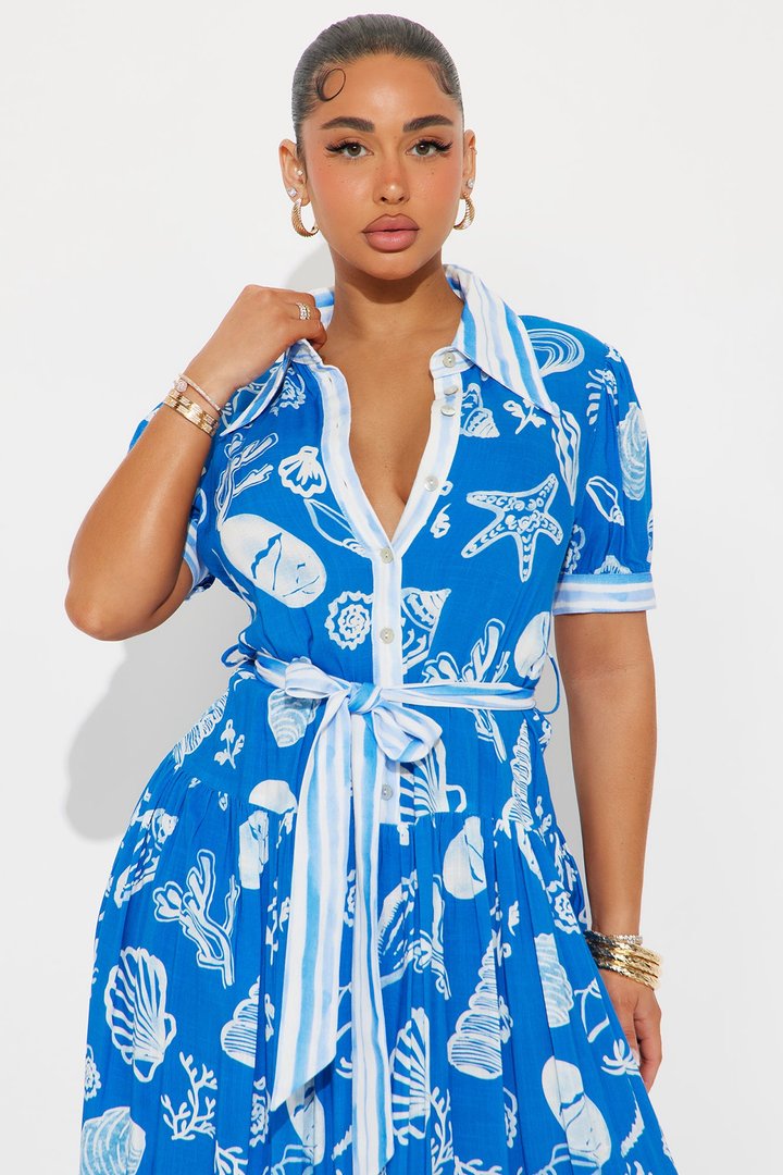 June Printed Maxi Shirt Dress - Royal/combo