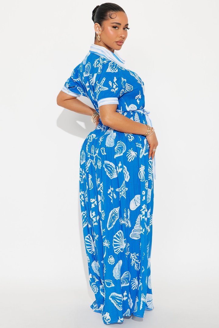 June Printed Maxi Shirt Dress - Royal/combo