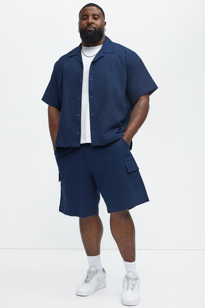 Seersucker Short Sleeve Cuban Collar Shirt - Navy