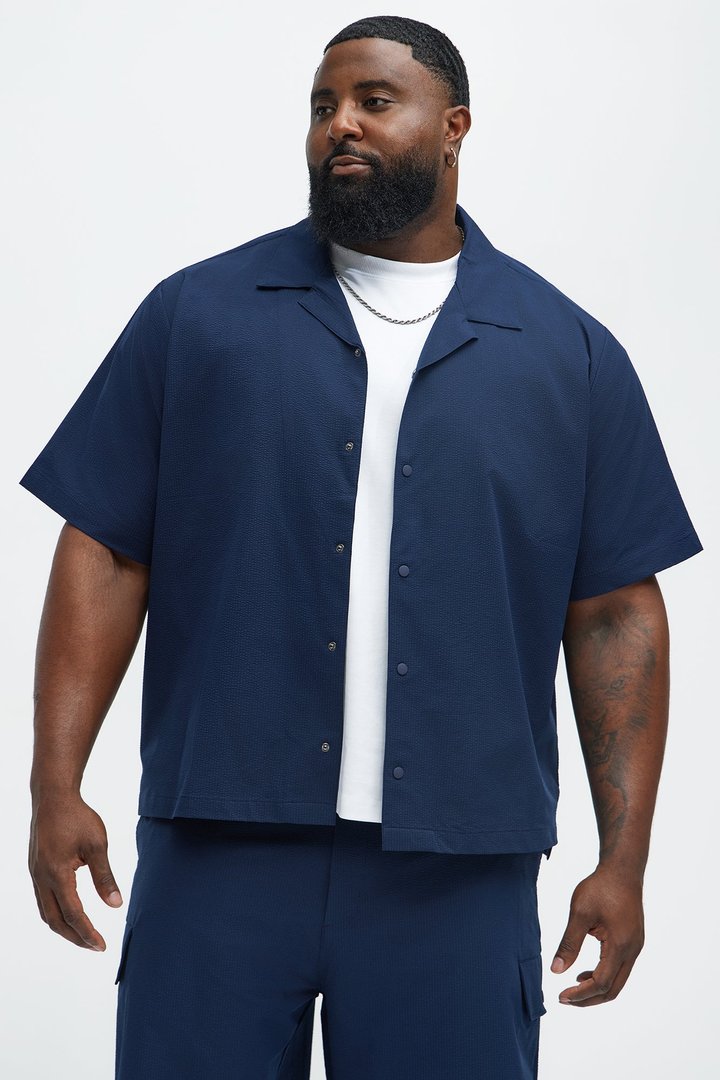 Seersucker Short Sleeve Cuban Collar Shirt - Navy