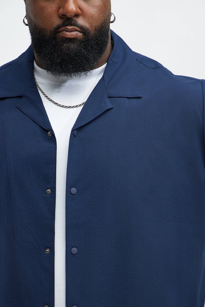 Seersucker Short Sleeve Cuban Collar Shirt - Navy