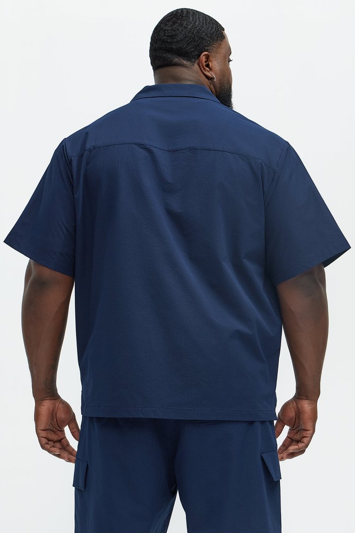 Seersucker Short Sleeve Cuban Collar Shirt - Navy