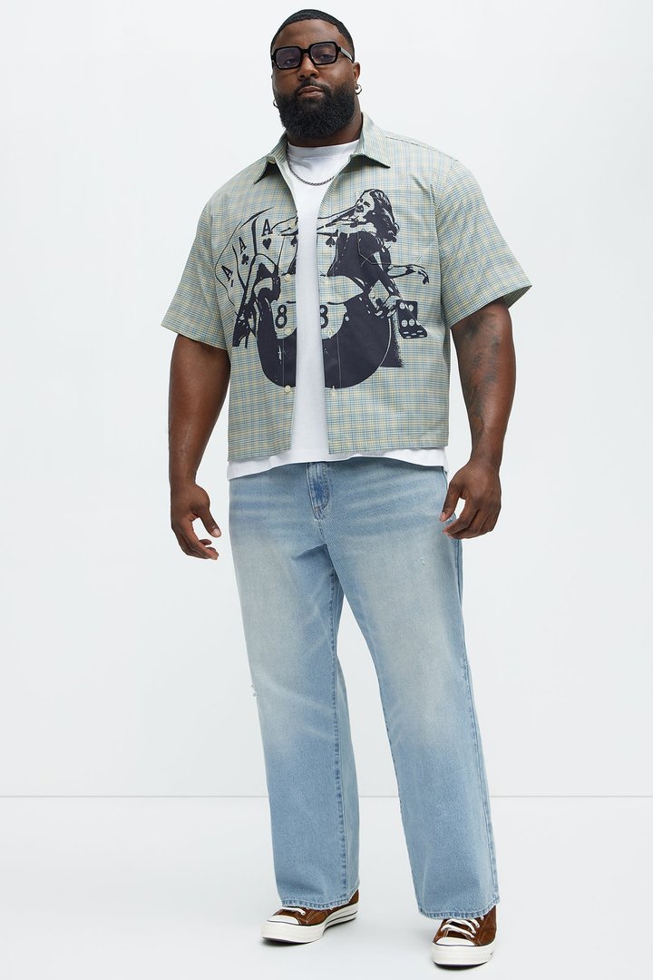 Cropped Pin Up Graphic Button Up Shirt - Green/combo