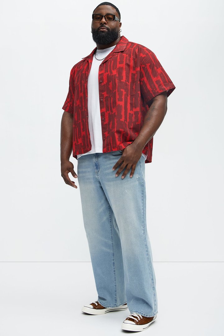 Seersucker Printed Short Sleeve Cuban Collar Shirt - Red/combo