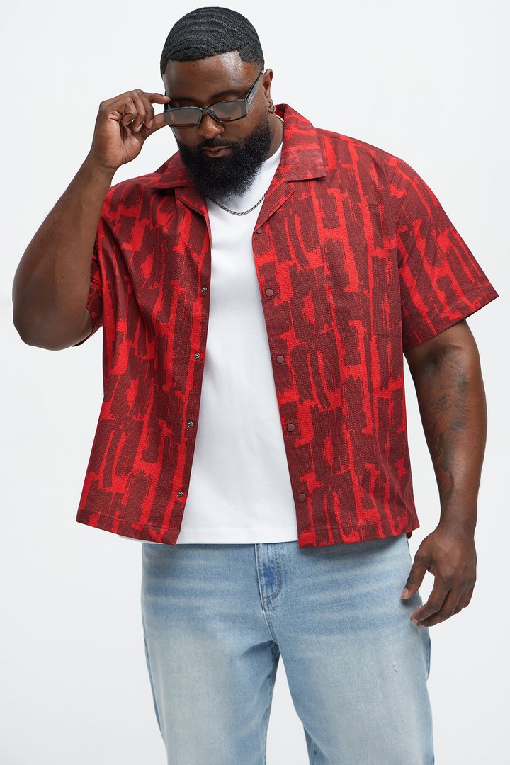 Seersucker Printed Short Sleeve Cuban Collar Shirt - Red/combo