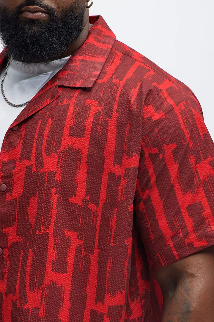 Seersucker Printed Short Sleeve Cuban Collar Shirt - Red/combo