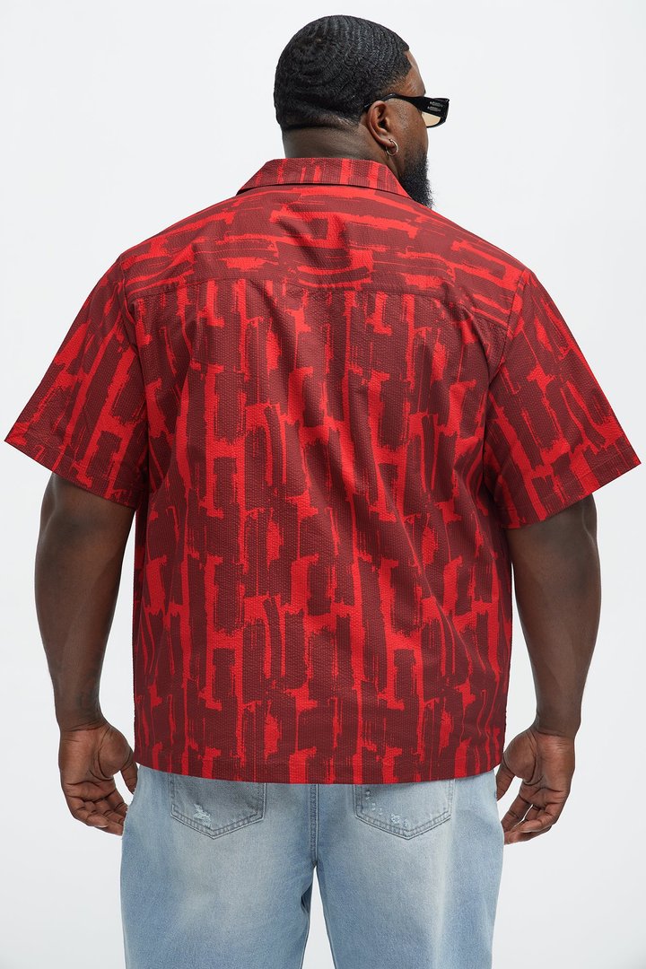 Seersucker Printed Short Sleeve Cuban Collar Shirt - Red/combo