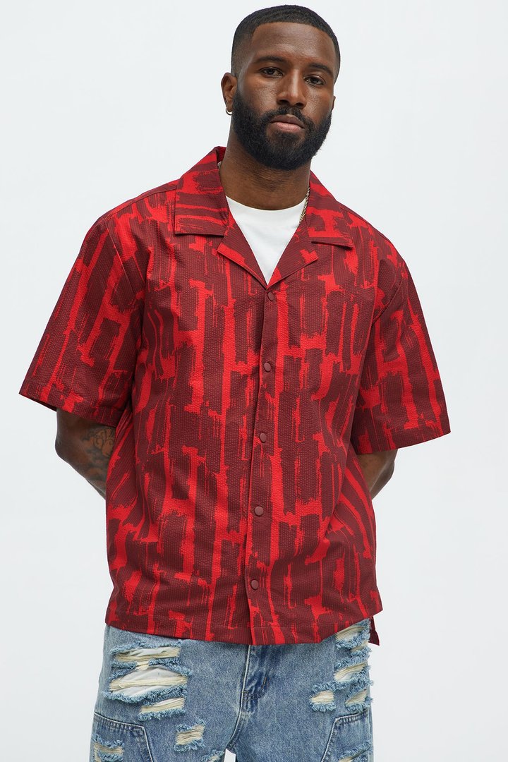 Seersucker Printed Short Sleeve Cuban Collar Shirt - Red/combo