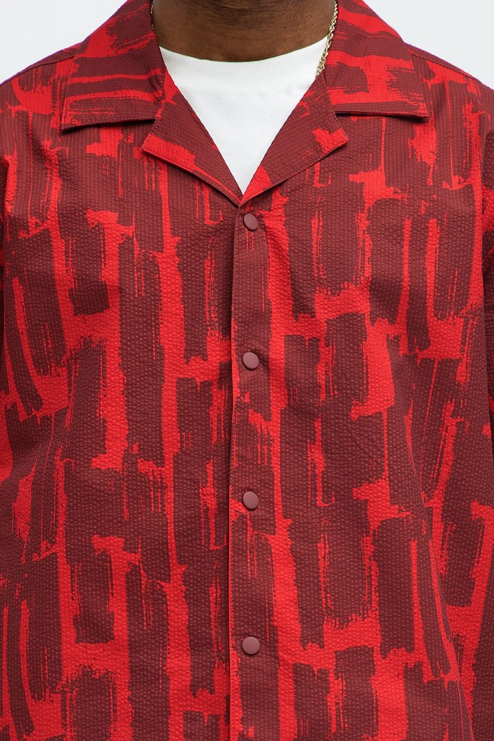 Seersucker Printed Short Sleeve Cuban Collar Shirt - Red/combo