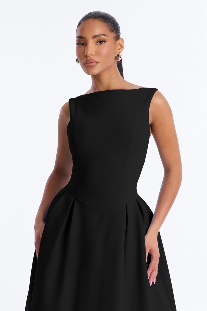 Anika Pleated Midi Dress - Black