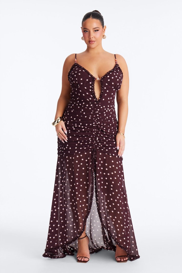 Pippa Polka Dot Chiffon Maxi Dress - Brown/combo
