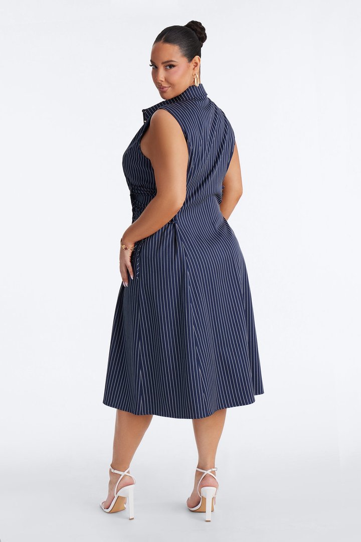 Meredith Pinstripe Midi Dress - Navy/combo
