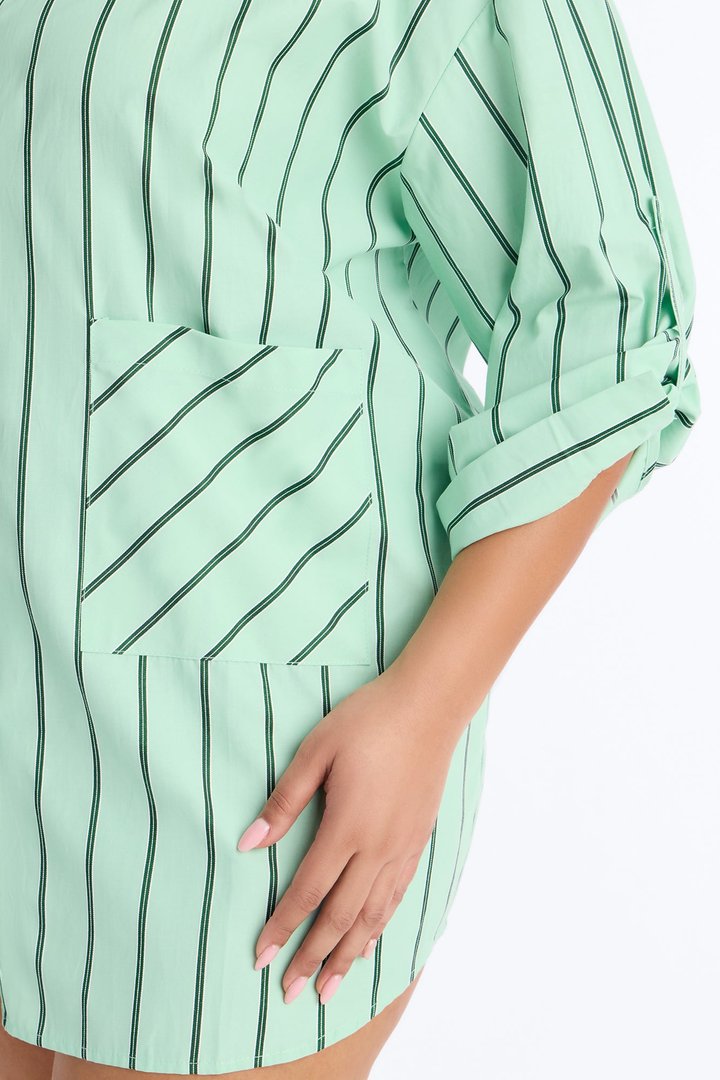 Izzy Pinstripe Shirt Micro Mini Dress - Green