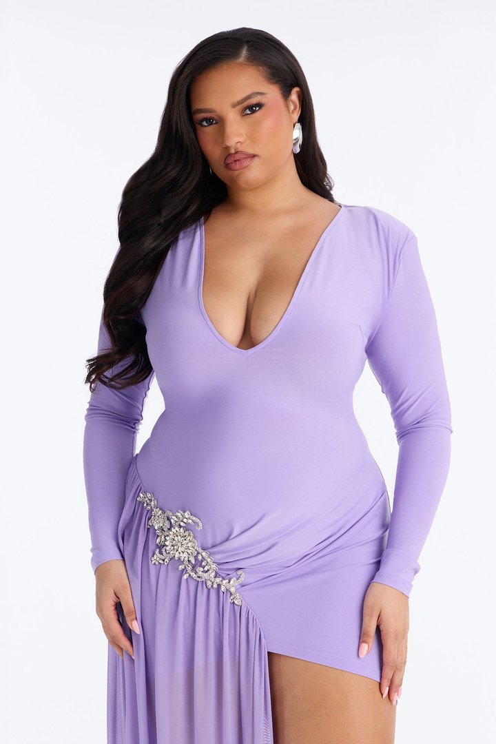 Leni Deep V-Neck Embellished Draped Mini Dress - Purple