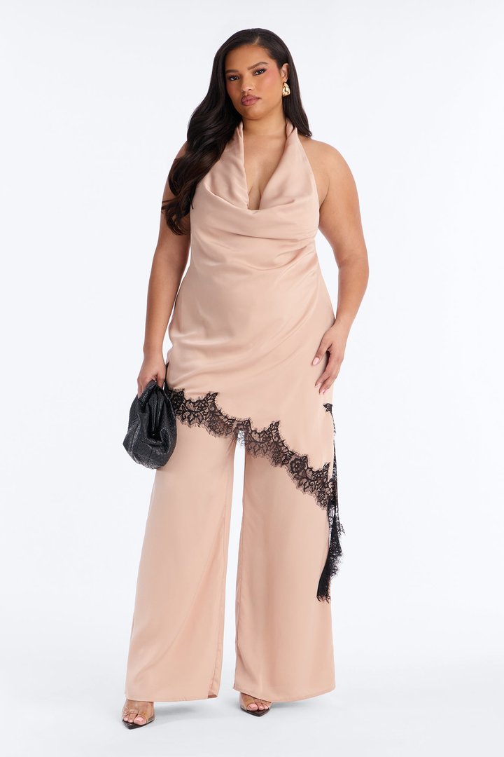 Ariana Asymetrical Lace Trim Satin Jumpsuit - Champagne