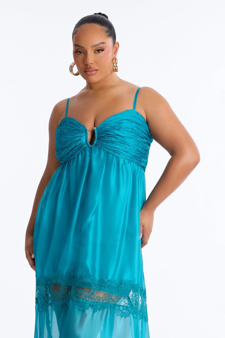 Saira Pleated Satin Maxi Dress - Teal