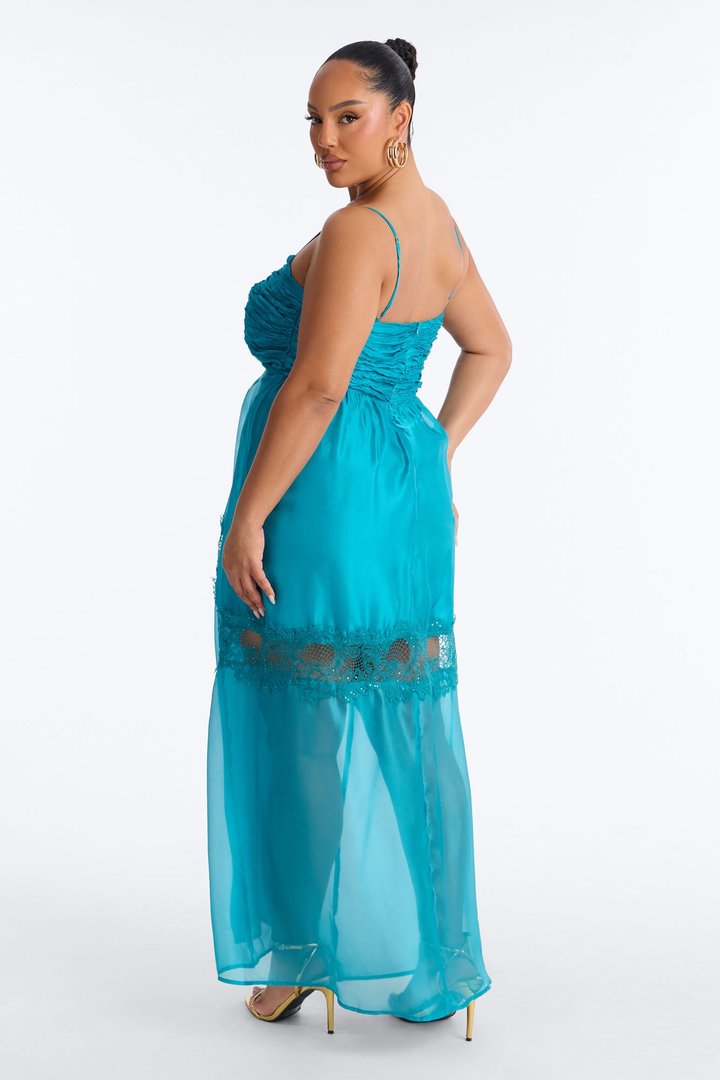 Saira Pleated Satin Maxi Dress - Teal