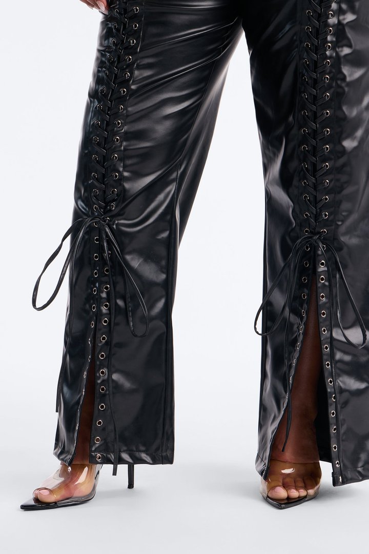 Lace Me Up Low Rise Faux Leather Flare Pant 33″ - Black