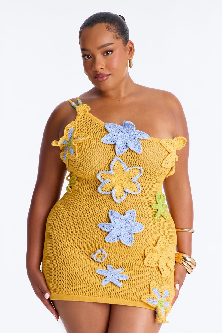 Spring Love Crochet One Shoulder Floral Cover Up - Yellow/combo