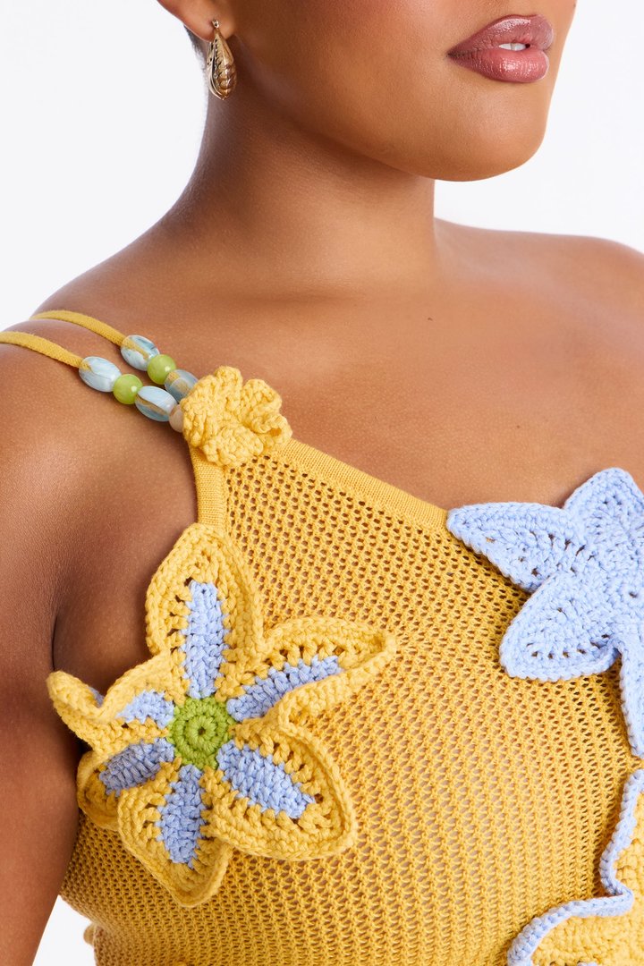 Spring Love Crochet One Shoulder Floral Cover Up - Yellow/combo
