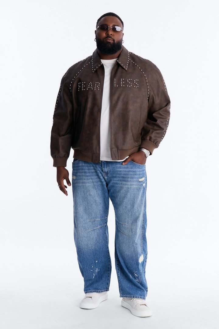 Fearless Victory Faux Leather Studded Bomber Jacket - Brown