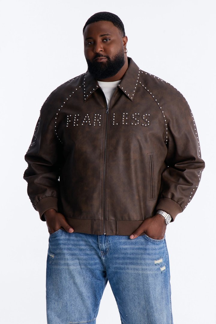 Fearless Victory Faux Leather Studded Bomber Jacket - Brown