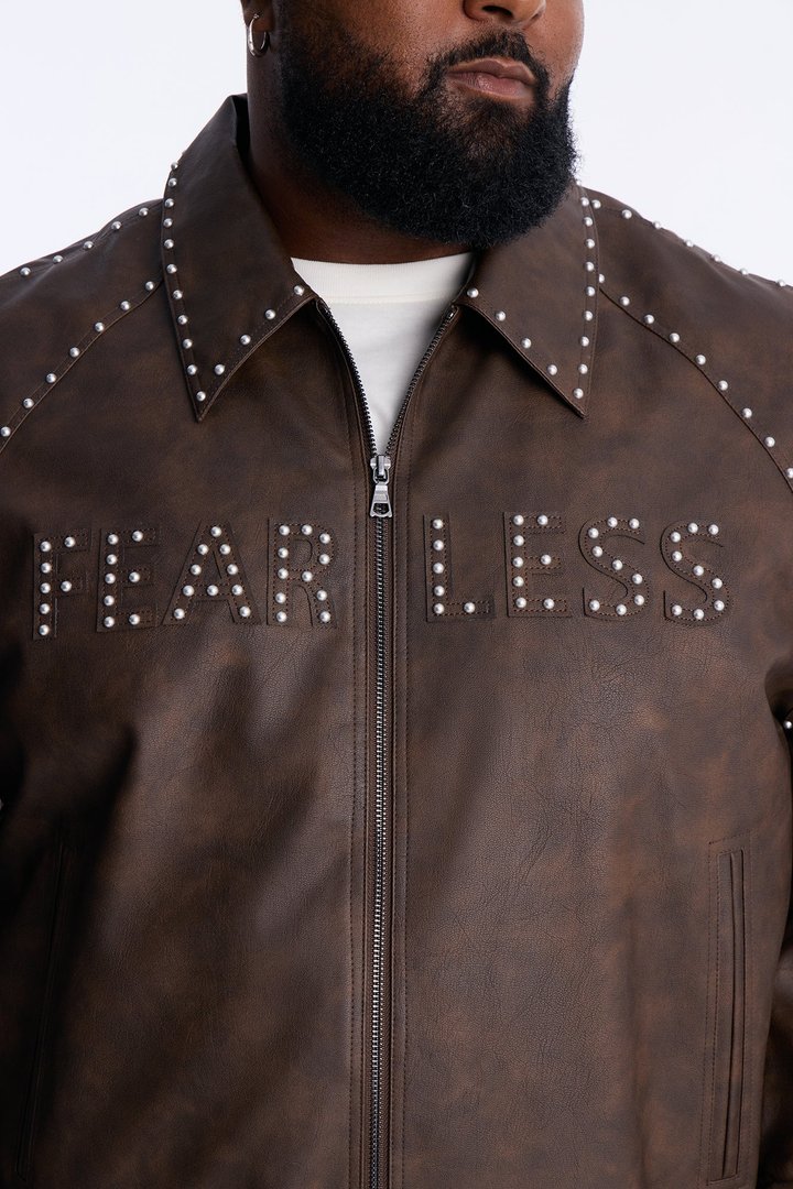 Fearless Victory Faux Leather Studded Bomber Jacket - Brown