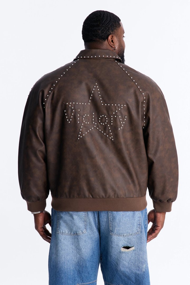 Fearless Victory Faux Leather Studded Bomber Jacket - Brown