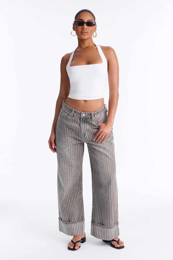 Catch Up Cuffed Wide Leg Jeans - Grey