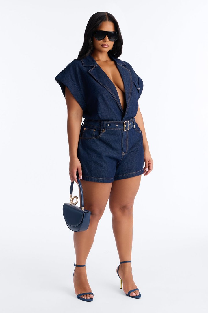 Isla Belted Denim Romper - Dark Wash
