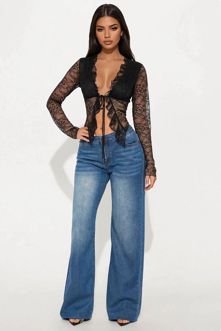 Glance In My Direction Lace Flyaway Ruffle Top - Black