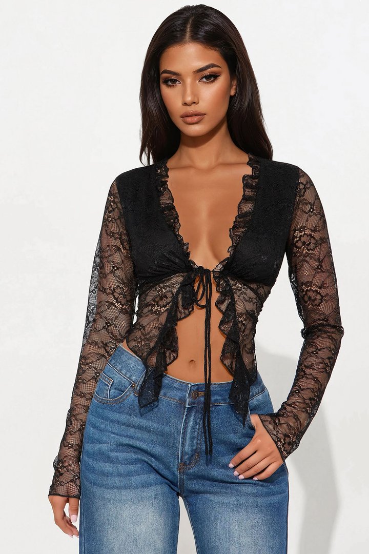 Glance In My Direction Lace Flyaway Ruffle Top - Black
