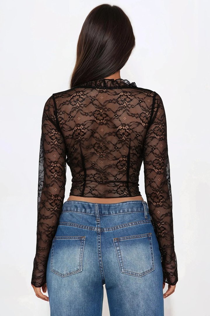 Glance In My Direction Lace Flyaway Ruffle Top - Black