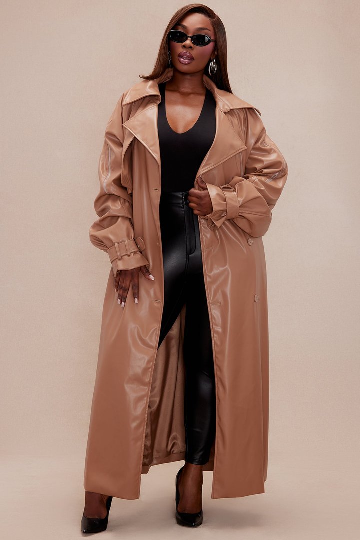 Kendra Faux Leather Trench Coat - Camel