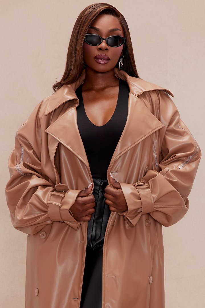 Kendra Faux Leather Trench Coat - Camel